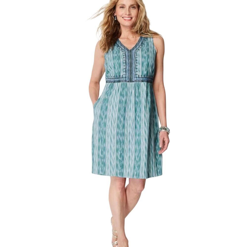 J.Jill Embroidered Ikat Cotton A-Line Dress – V-Neck – Pockets